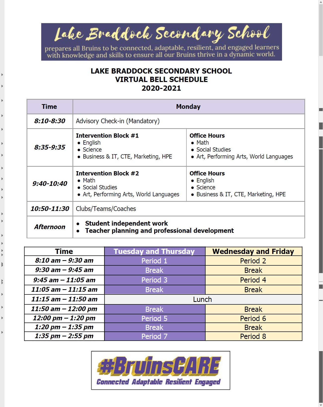 Middle School Bell Schedule Lake Braddock Secondary School